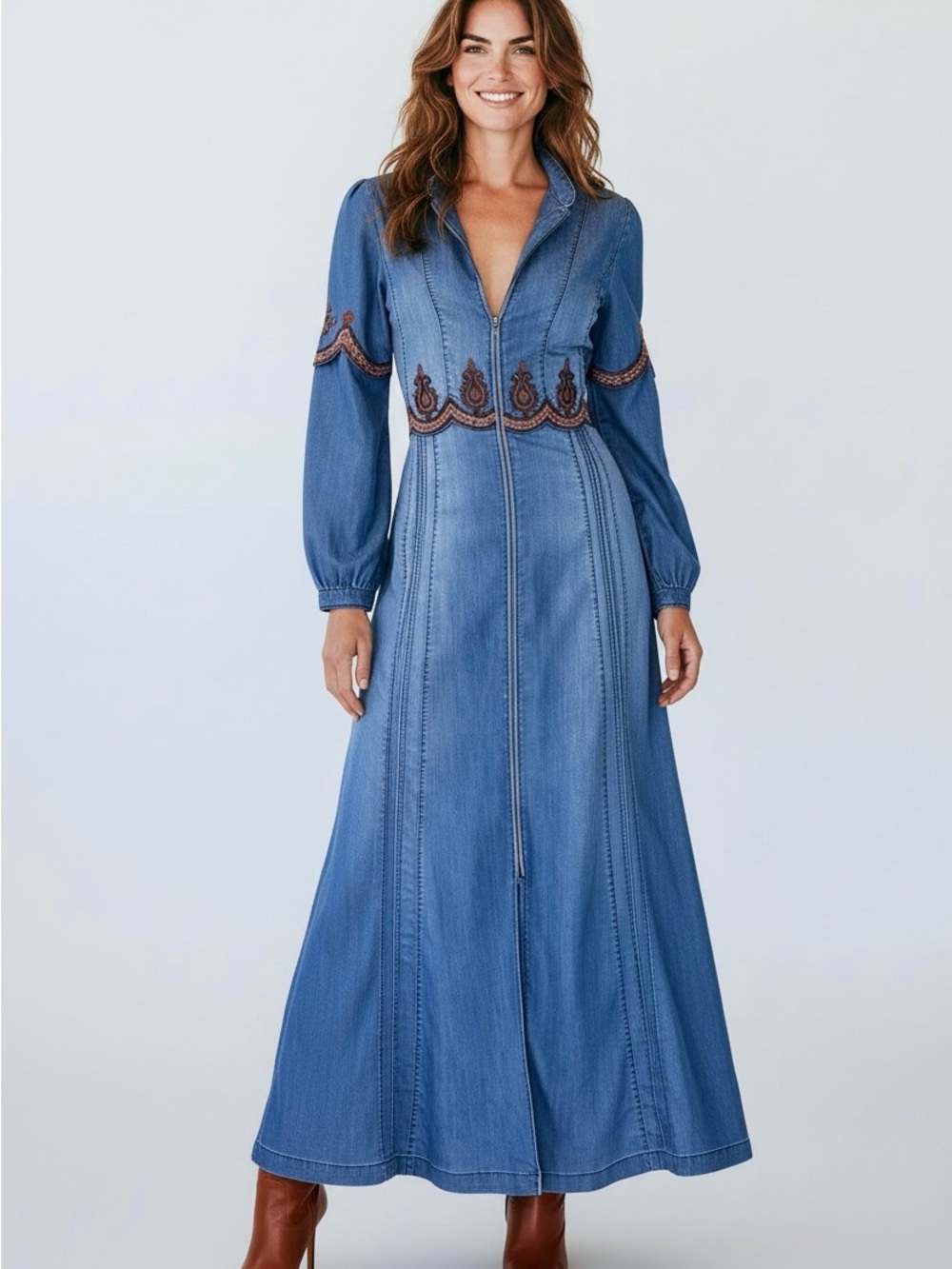 Vintage Y2K Denim Embroidered Boho Maxi Duster or Coat Dress | S M